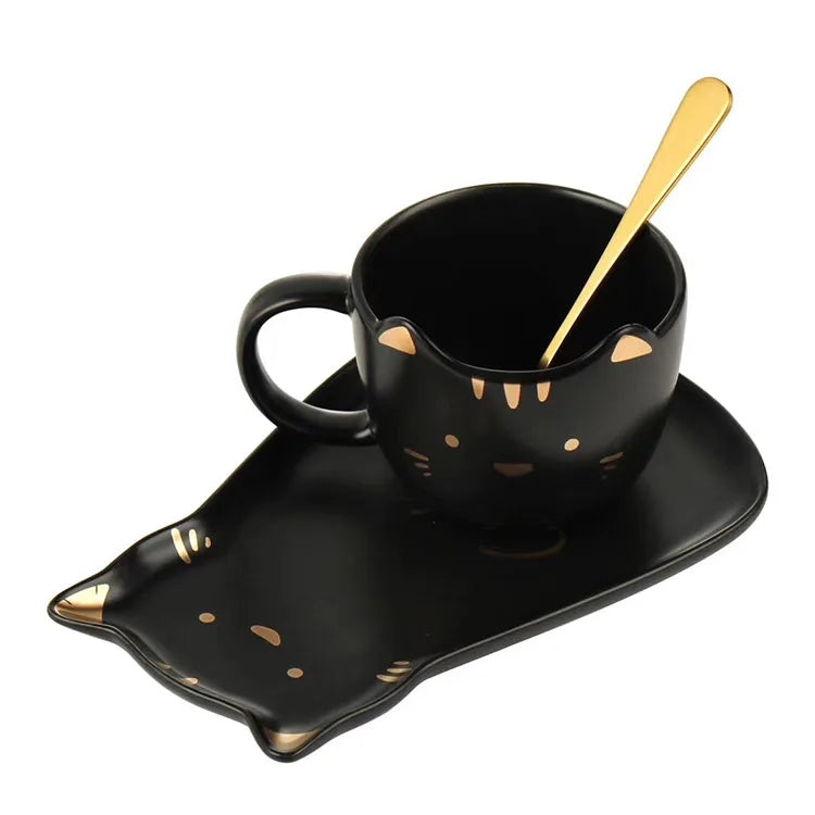 Zogifts Custom Gold logo Ceramic Mug Cat Coffee Cup Saucer Set