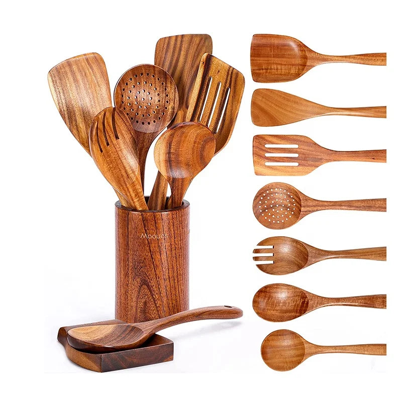 Wooden Kitchen Utensils Spoons for Cooking Teak Wood Utensil Setwooden Customized Logo Natural Home Kitchen Spatulas Acceptale