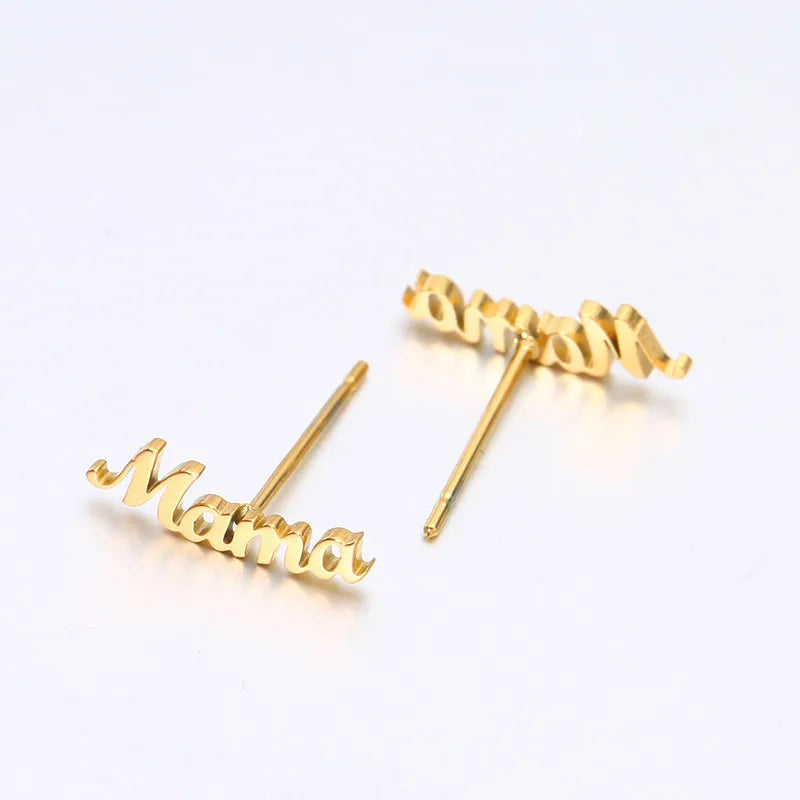 Mothers Day IP 18K Real Gold Filled Letter Mama Stud Earrings Smooth Plain 316l Stainless Steel Mama Earrings