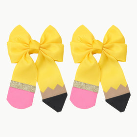 CN New Design Custom Hair Accessories Back To School Beautiful Yellow Ribbon Pencil School Hair Bows Clips for Girls