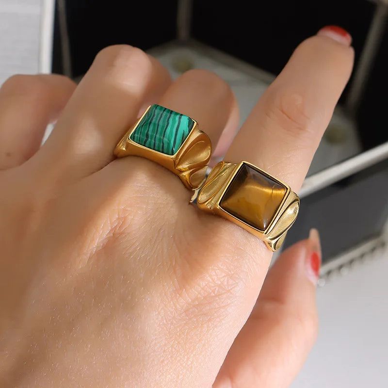 Stainless Steel Bumpy Chunky 18k Gold Plated Square Tiger Eye Stone Ring for Women