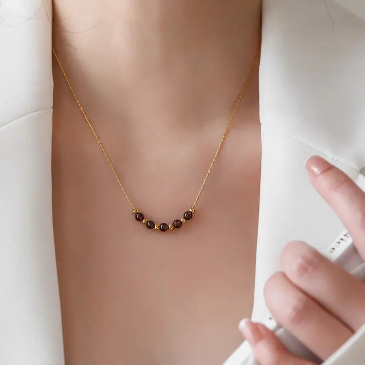 Daily 18K Gold Plated Stainless Steel Beads Necklace Exquisite 4mm Natural Energy Crystal Lapis Lazuli Garnet Necklace for Women