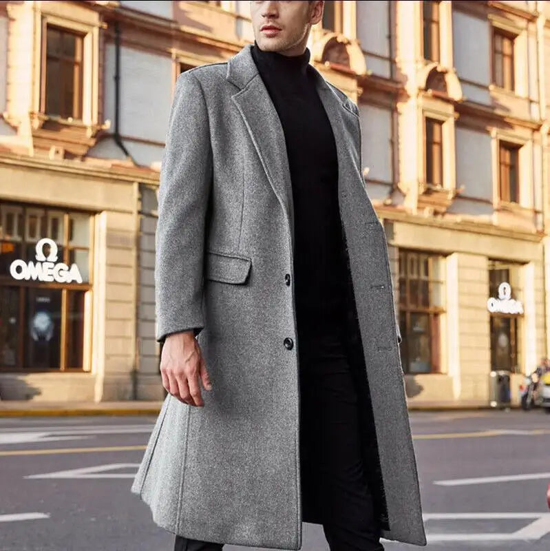2024  British Style Daily Commute Overcoat Single Breasted Mens Coat Long Men Long Coats Long Pocket Jacket