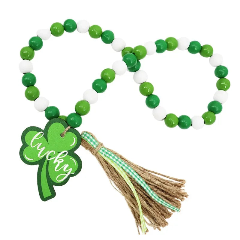 Green Lucky Clover Wooden Beads Garland Farmhouse Tiered Tray Wall Hanging Home Decor St.Patrick's Day Decoration Handmade 85cm