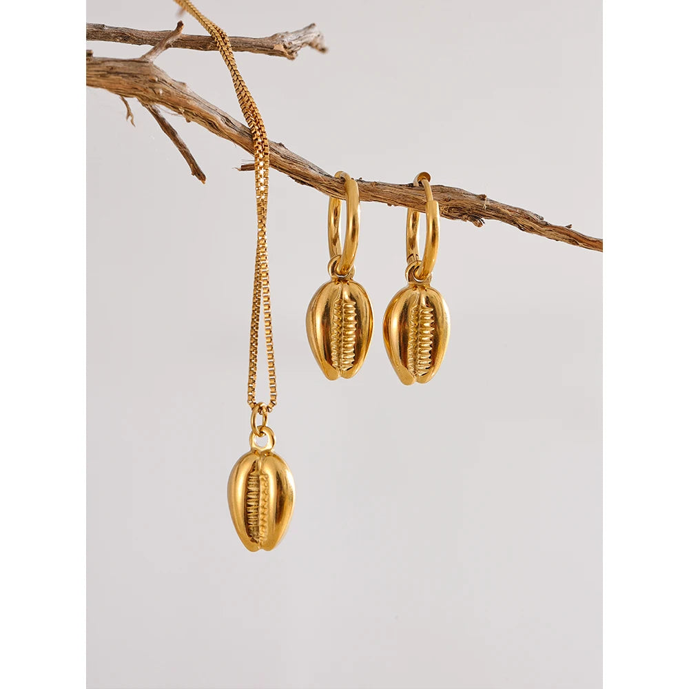 Stainless Steel 18k Gold Color Metal Shell Hoop Earrings Necklace Fashion Summer Jewelry Set Women Allergy Prevention