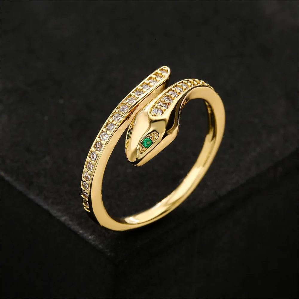 2025 Fashion Green Zircon Snake Ring Open Rings 18K Gold Plated Ring Jewelry for Women Girls
