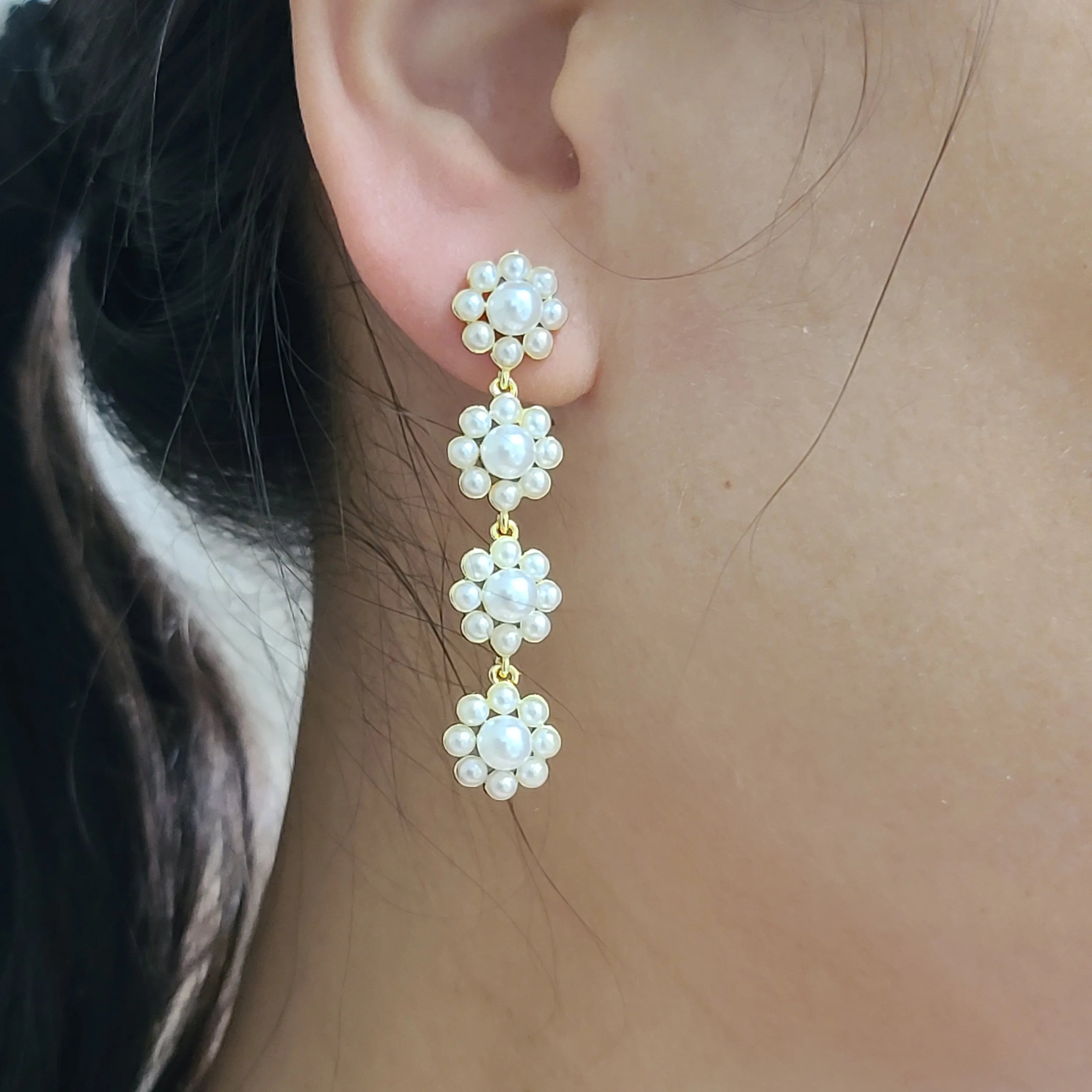EP1043 Womans Fashion Beautiful 18K Gold Plated Pearl Flower Floral Drop Tassel Chain Earring