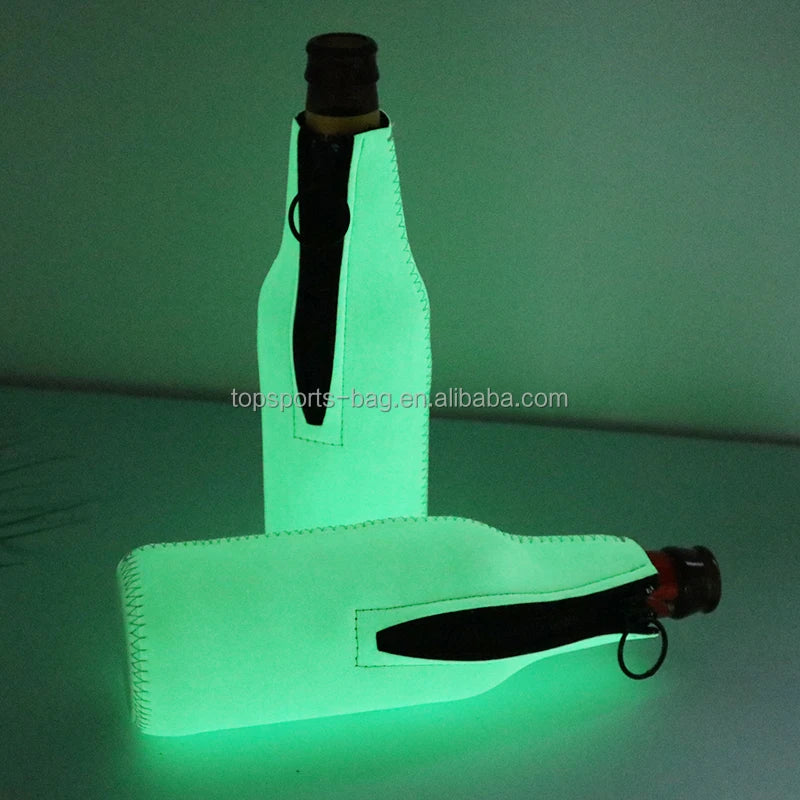 Plain Luminous PU Leather Neoprene Beer Bottle Cooler Glow in the Dark 12 oz Beer Bottle Sleeve Holder