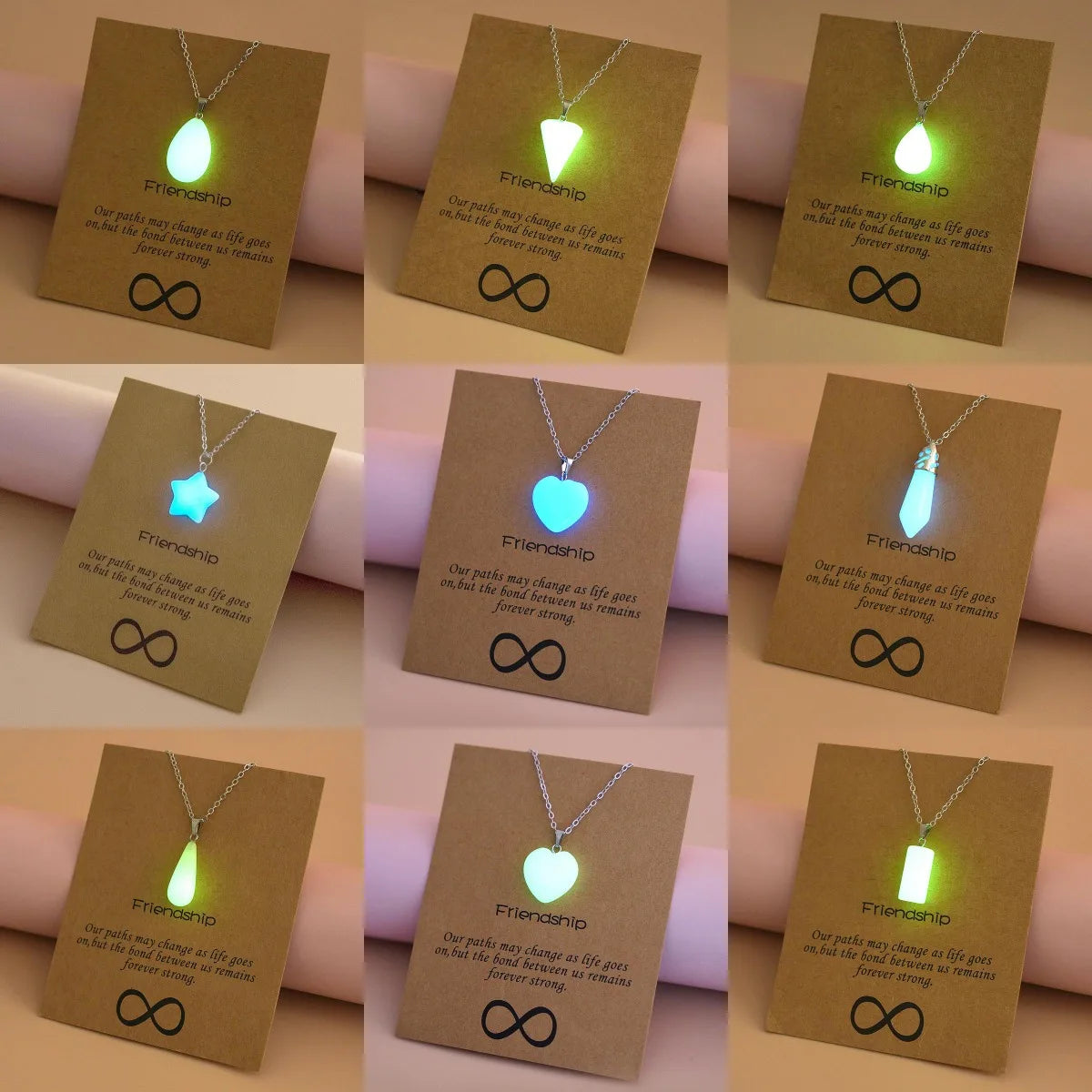 Glow in the Dark Charms Trendy Fashion Jewelry Hexagonal Column Waterdrop Star Luminous Heart Pendant Necklace