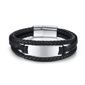 Exclusive Magnetic Closure Custom Engravable Beaded Black Multilayer Leather Bracelet for Men