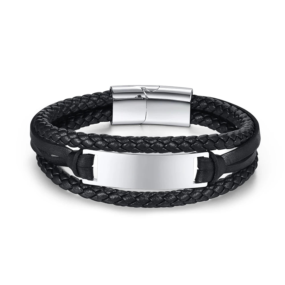 Exclusive Magnetic Closure Custom Engravable Beaded Black Multilayer Leather Bracelet for Men