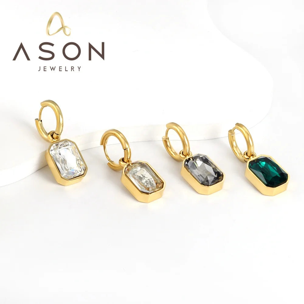 Ason Jewelry New Fashion Stainless Steel Square Zirconia Drop Earrings 18k Gold Plated Hoop Earrings for Women