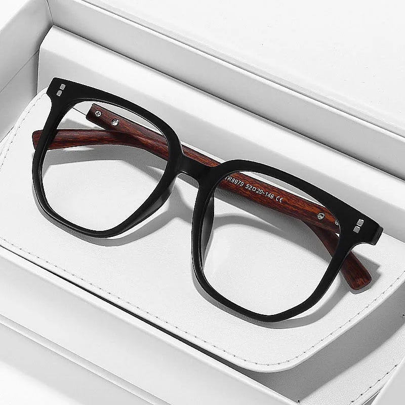 Custom Logo 2025 Retro TR90 Square Optical Eyeglasses Wood Grain Rivets Anti Blue Light Glasses Frames for Men Women