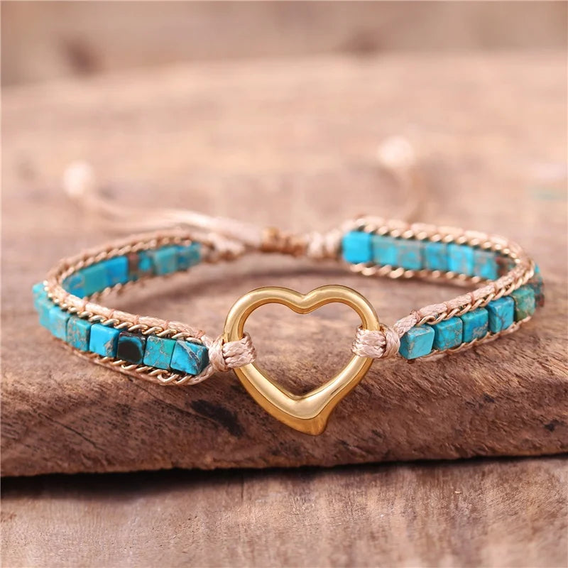 BOHO Gold Heart Shape Natural Stone Imperial Jasper Wrap Bracelet Statement Vegan Bracelet Lover Sister Gifts Wholesale Jewelry