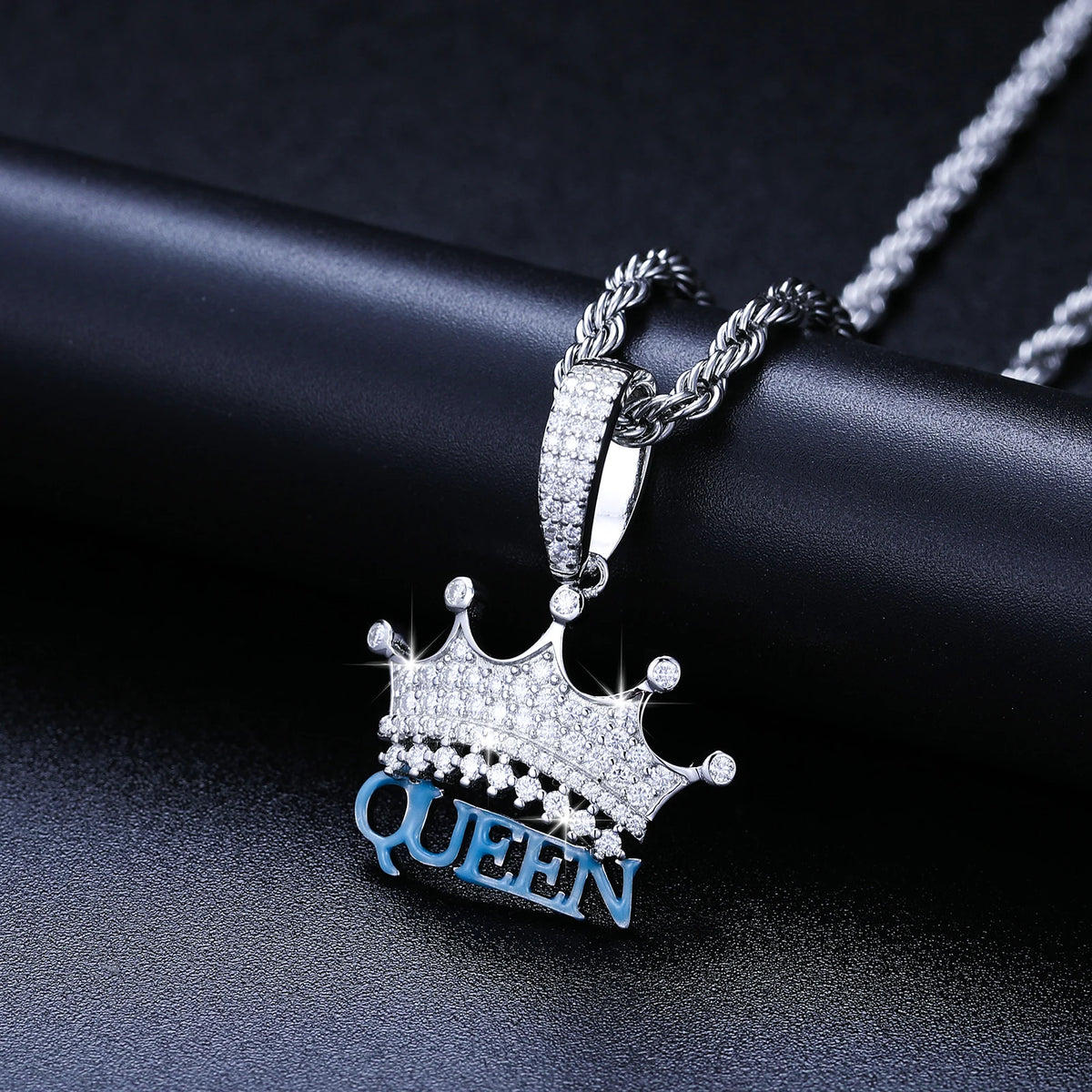 Dropshipping Glow in the Dark 925 Sterling Silver VVS Moissanite Diamond Iced Out Letter Queen Crown Pendant for Men Women MegaBDM