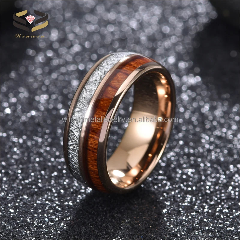 Unisex Rose Gold Tungsten Men's Wedding Ring Meteorite Koa Wood Inlay Geometric Religious Trendy Anniversary Engagement Gift