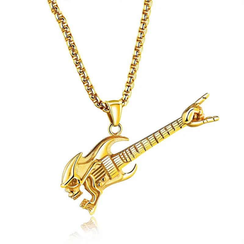 Stylish Stainless Steel Gold Plated Guitar Bass Jewelry 18K Gold Pendant Hiphop Skull Guitar Necklace for Men