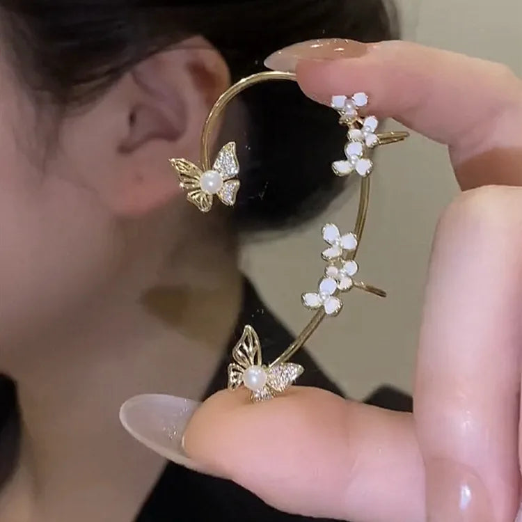 2022 Fashion Butterfly Pearl Clip Earring Ear Hook Crystal Ear Clips Without Pierced Ears Chain Earrings Women Girls Jewelry