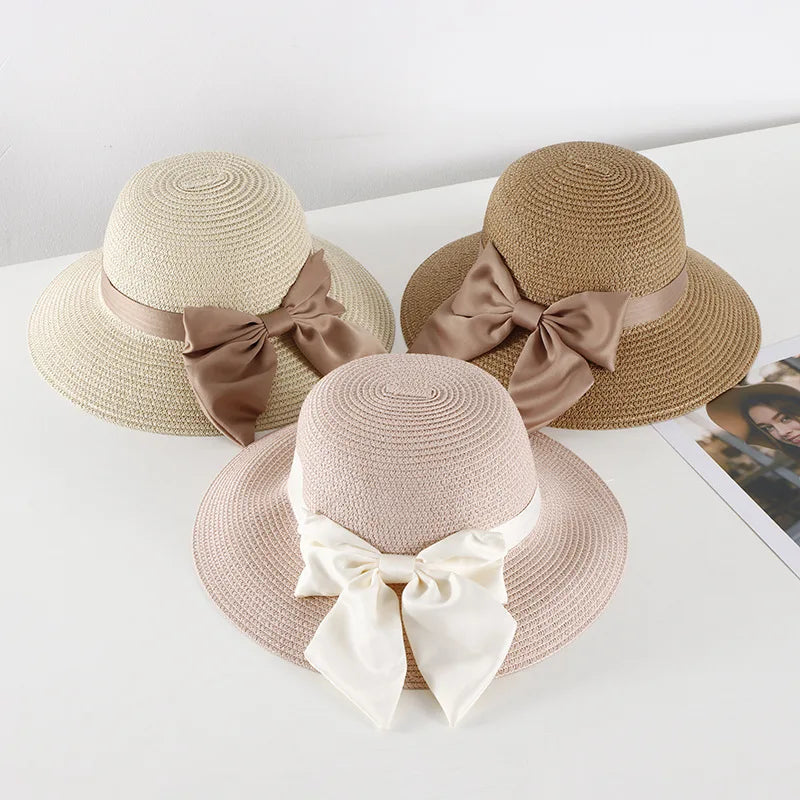 2022 Summer Women Sun Protection Hat Foldable Bow Big Brim Straw Hat