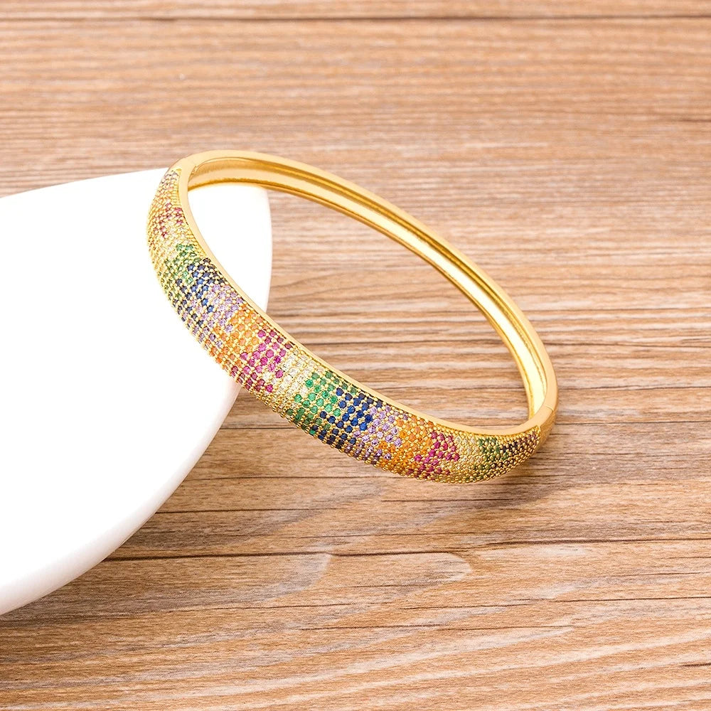 QIKU Luxury Colorful Bangle Copper Zircon Bracelet Women Charm Party Wedding Engagement Birthday Jewelry Accessories Trendy Gift