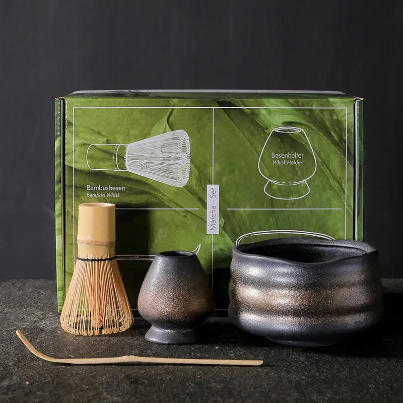 4-Piece Matcha Colored Ceramic Matcha Bowl Set Hundred Edition Upright Tea & Beards Customized LOGO Stocked Features