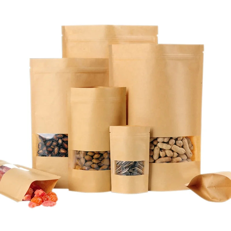 Factory Price Waterproof Brown Kraft Paper Zipper Bag With Window Reusable Sealing Zipper Kraft Paper Food Bag for Tea Nuts