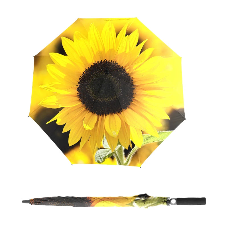 Promotional Novelty Gifts Semi-automatic Pongee Material Metal Shaft SunFlower Printing Straight Golf Umbrella for Presents