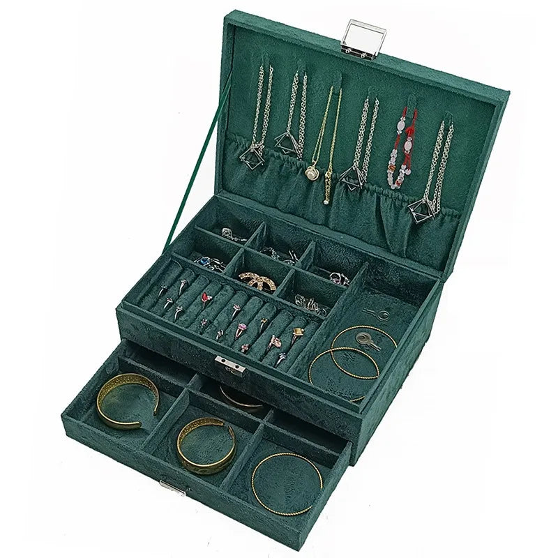 Dark Green Velvet Jewelry Rings Necklace Bangles Accessory Storage Display Box With Drawer