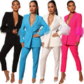 2026 Spring New Luxury Casual Office Suit and Pant Long Sleeve With Feather Women Elegant Two Piece Ladies Blazer Set Clothing