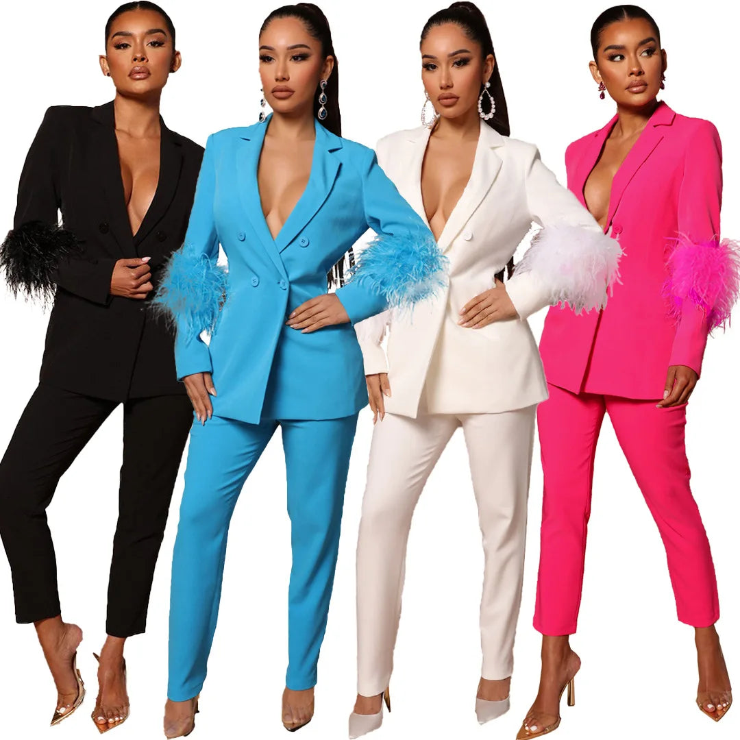 2026 Spring New Luxury Casual Office Suit and Pant Long Sleeve With Feather Women Elegant Two Piece Ladies Blazer Set Clothing