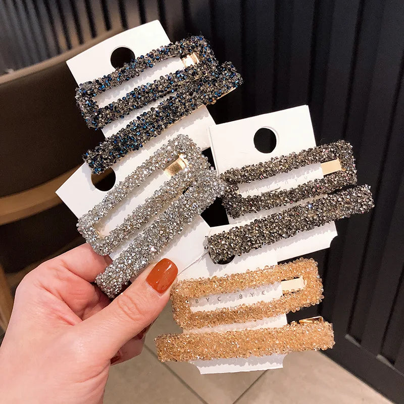 HOVANCI 2pcs/set Shining Crystal Hair Clips Women Hair Accessories Chunky Rhinestone Square Rectangle Hair Pins BB Clip