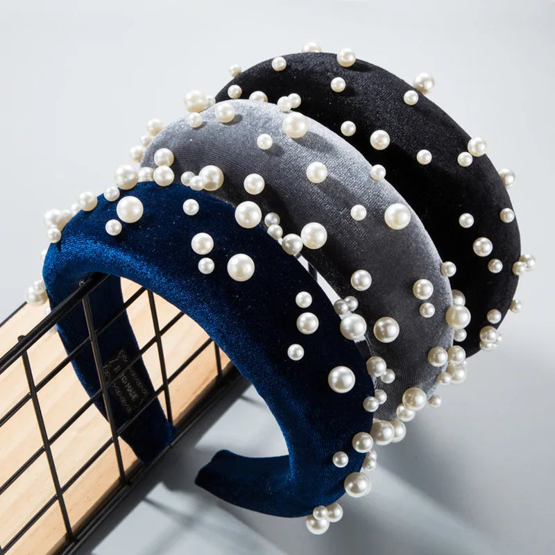 Dream Fashion Hot Selling Women's Sponge Velvet Lightweight Durable High Quality Hand-sewn Bling Pearl Hairband