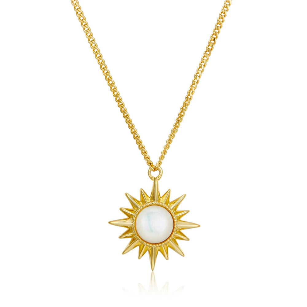 Joacii 925 Sterling Silver 18K Gold Plated Gemstone Light  Radiancy Natural White Shell Sun Rays Necklace