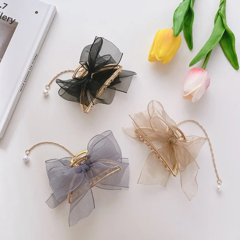 DOWELL Korean Hairpin Alloy Hair Accessories Metal Mesh Bow Pearl Metal Tassel Claw Hair Clips for Women