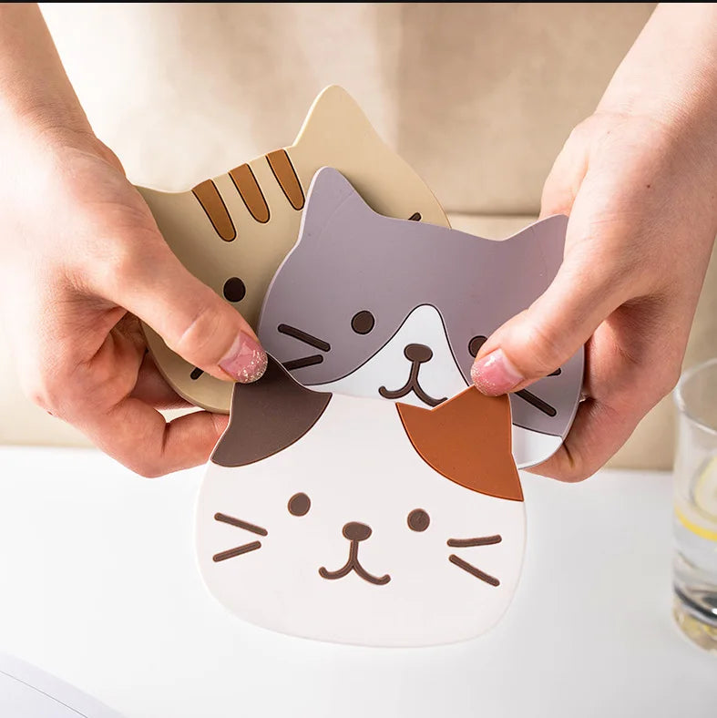 Cartoon Cat Shaped Silicone Dining Table Placemat Coaster Kitchen Accessories Mat Cup Mug Heat-resistant Animal Coffee Drink Pad