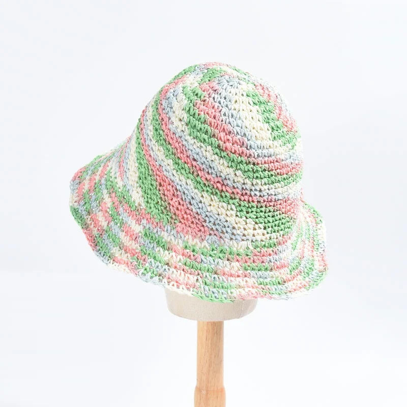Summer Women Colorful Tie-Dye Paper Straw Hat Vacation Travel Hollow Out Woven Beach Sun Hat Sunshade Casual Bucket Hat