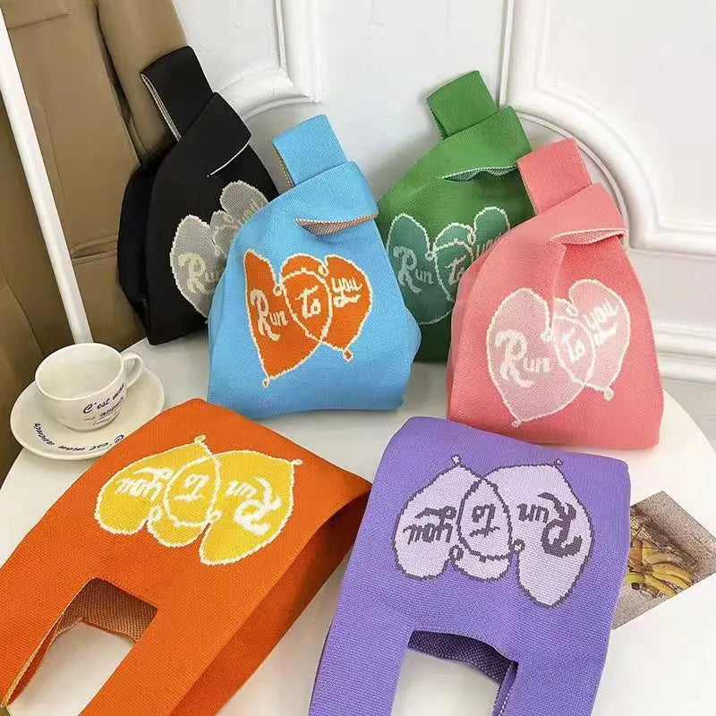 Girl Cute Color Hand Bag love Letter Wrist Bag Knitted Handbag