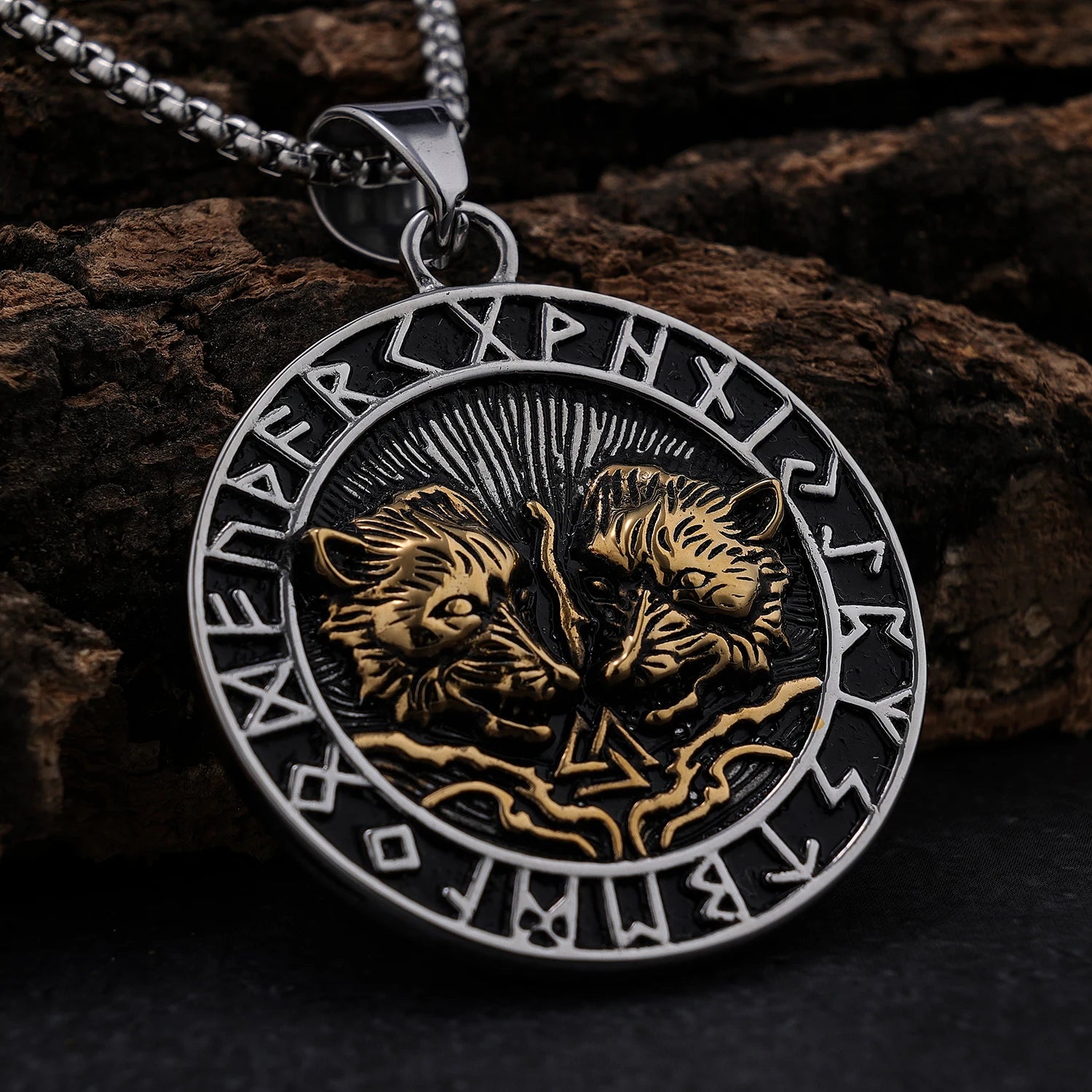 RTS Stainless Steel Nordic Myth Viking Wolf Geri Freki Pendant Necklace Fashion Viking Valkut Symbol Runes Charm Jewelry Pendant