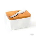 Custom Rectangle Porcelain Butter Container Ceramic Butter Dish with Wooden Bamboo Lid Knife