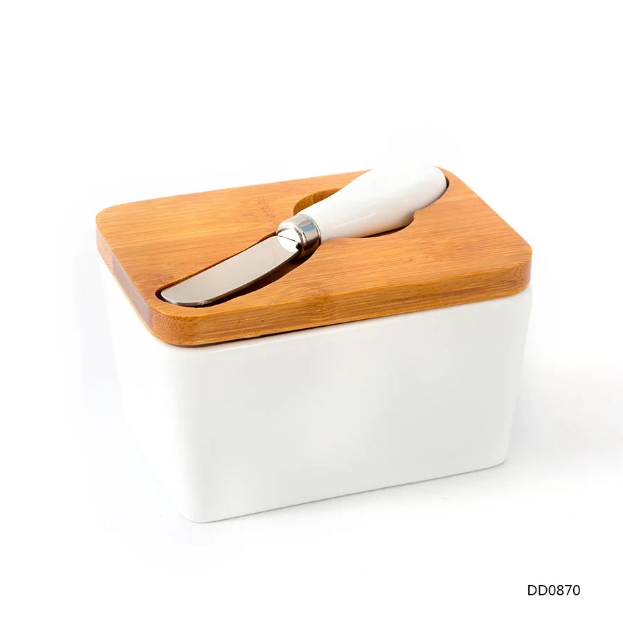 Custom Rectangle Porcelain Butter Container Ceramic Butter Dish with Wooden Bamboo Lid Knife