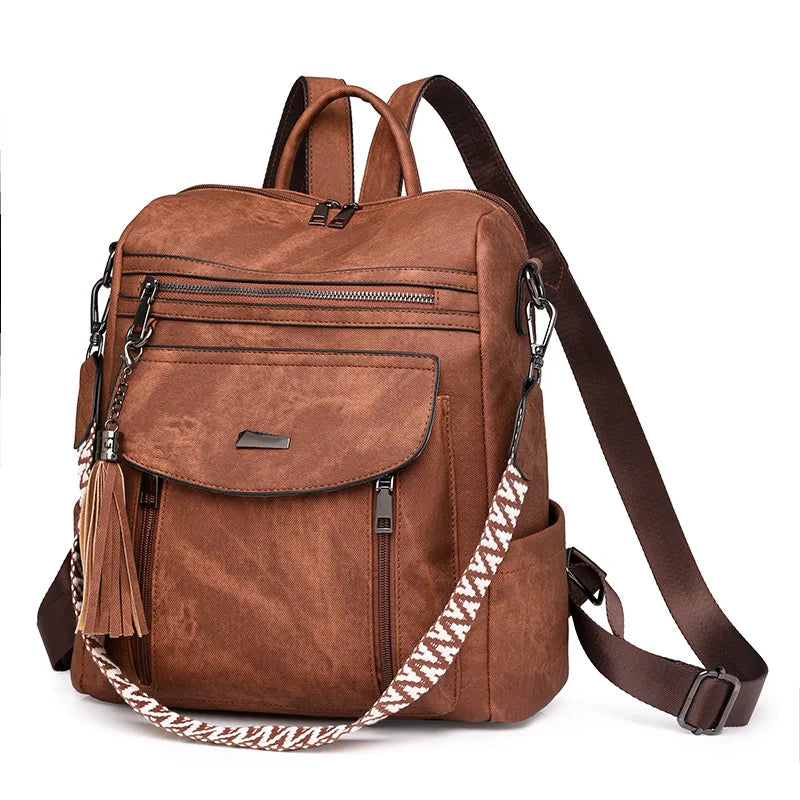 Vintage Crossbody Trend PU Leather Tote Women's Bag Shoulder Bag Multi-functional Girls Capacity Travel Backpack With Tassels