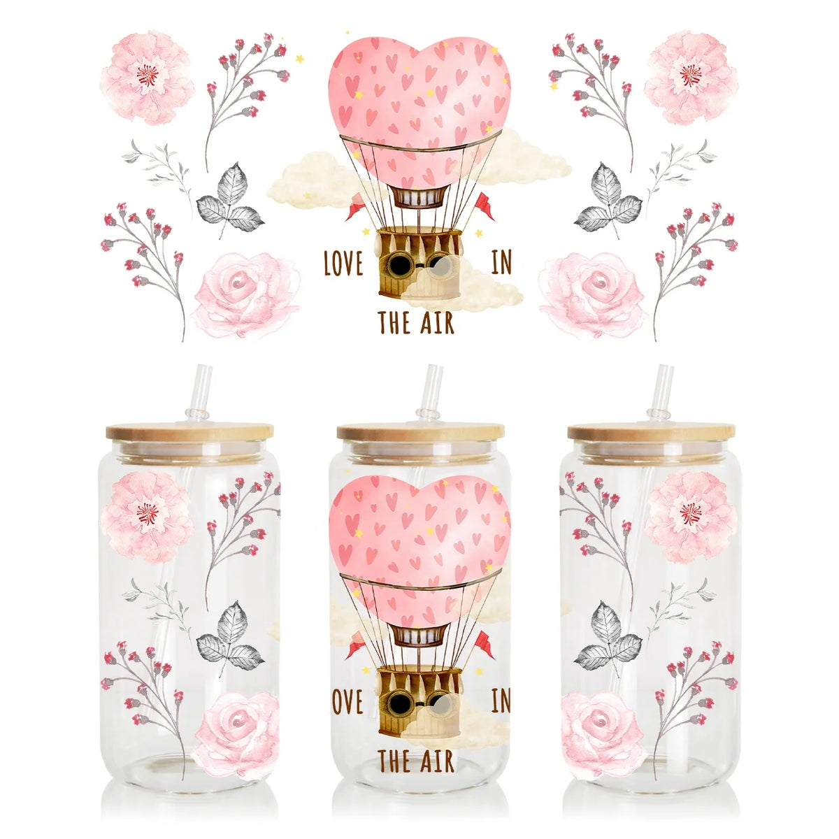 Factory Custom 16oz Glass Cup Wrap Transfers Waterproof Reusable Eco-Friendly Valentines Design UV for Sticker Multi-Size