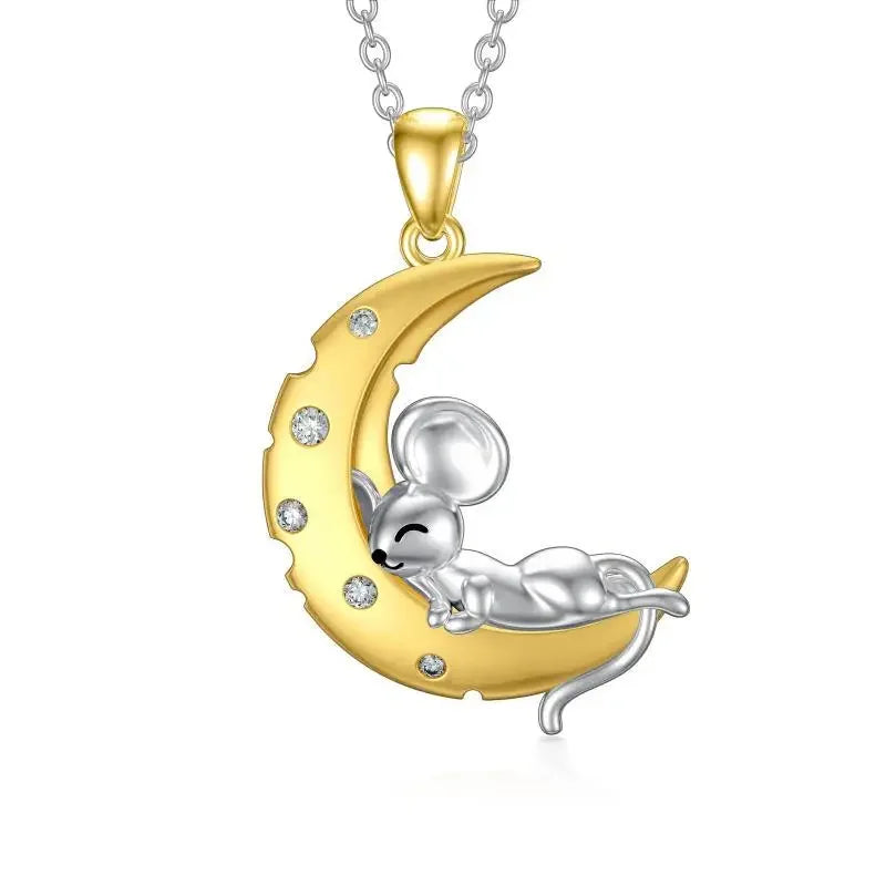Fine Jewelry 925 Sterling Silver Two Tone 3A Zircon Mouse & Cheese Moon Pendant Necklace
