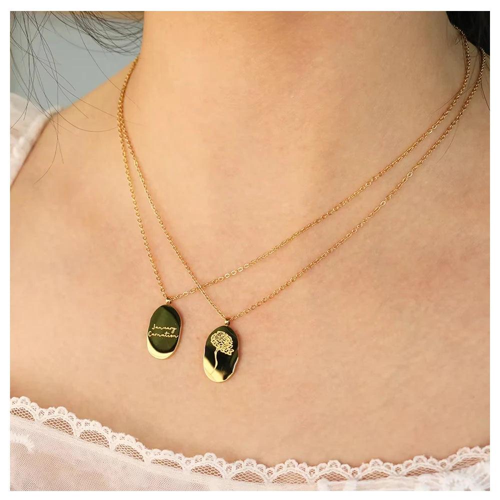 Wholesale PVD 18K Gold Plated Stainless Steel Non Tarnish Free Waterproof Jewelry 12 Month Birth Flower Pendant Necklace