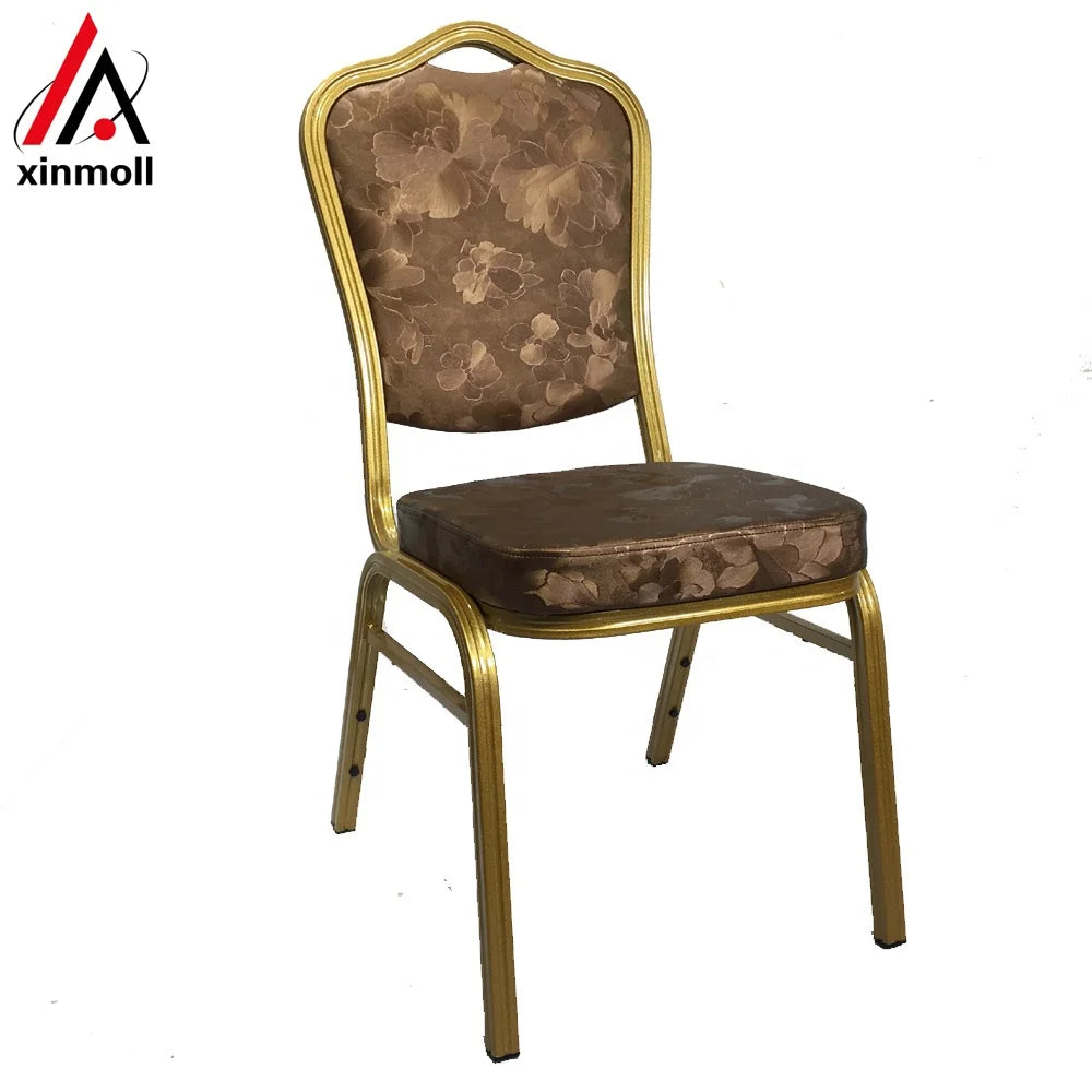 XINGMAO Furniture Wedding Party Shield Back Stacking Banquet Chair in Glossy Flower Pattern Fabric - Gold Frame