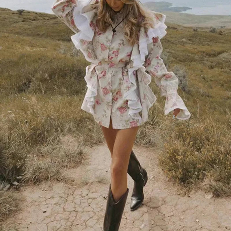 Vintage Style 2024 Spring New Printed Splicing Fungus Flare Sleeves Lace-up Mini Dress Women