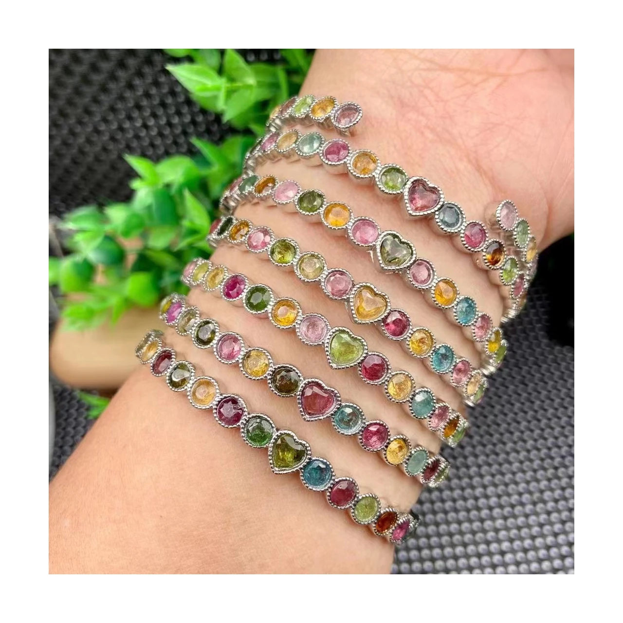 Good Quality European Colorful Heart Shape Natural Tourmaline Bracelet Adjustable Round Crystal Bracelet Bangle