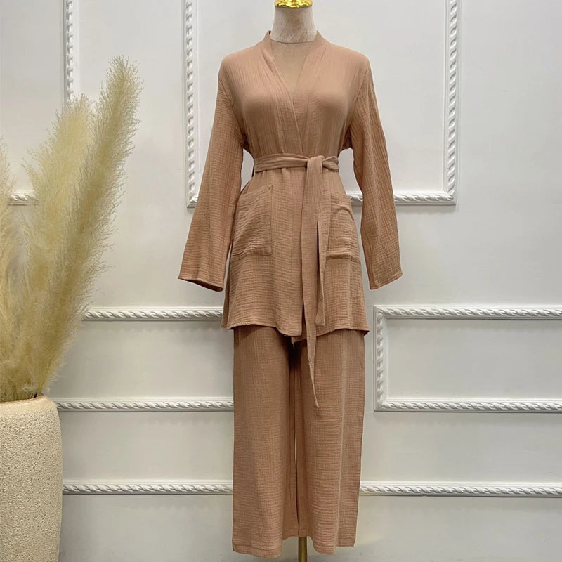 2023 Breathable Cotton Casual Dresses Islamic Clothing Blouses With Pants Muslim Women Dresses Set