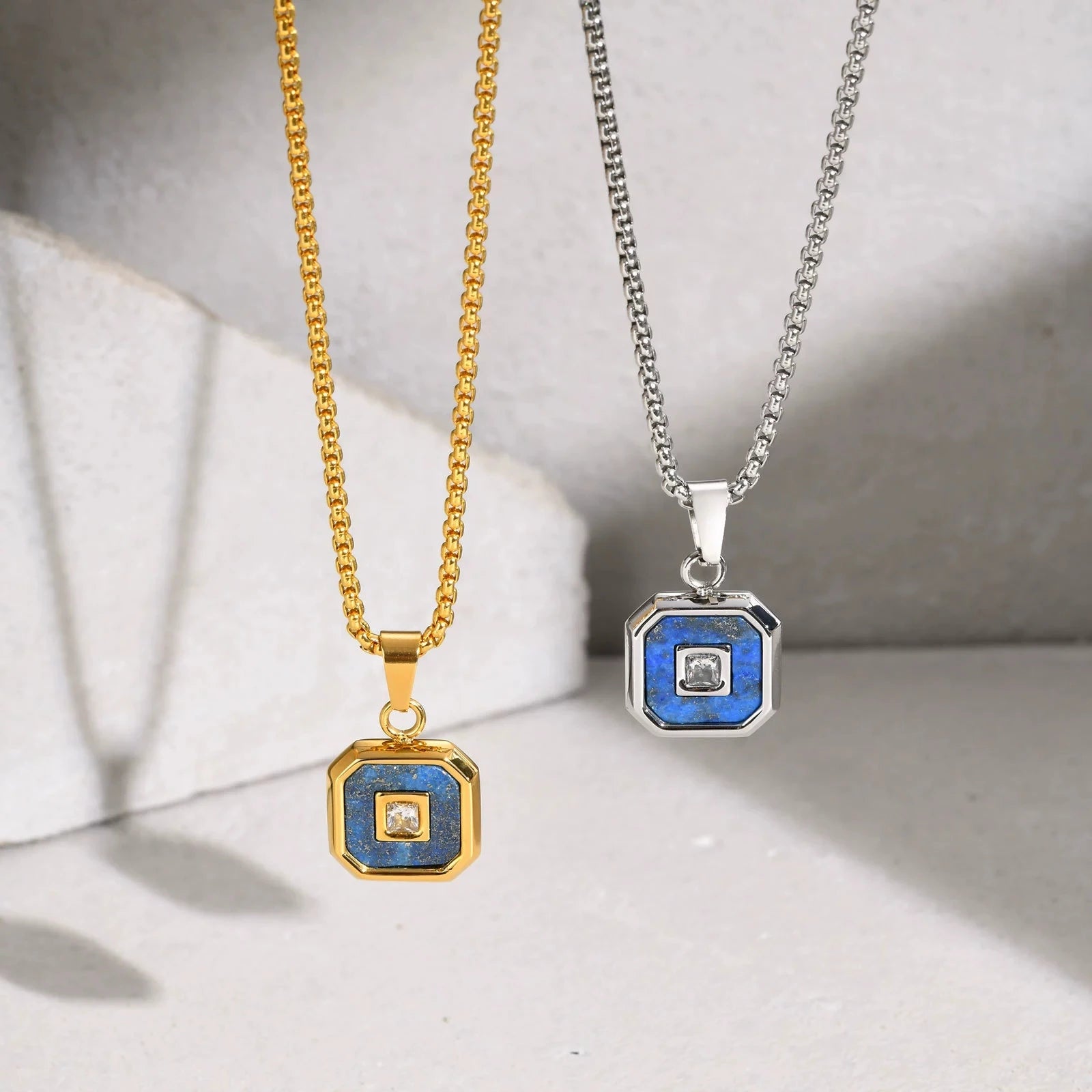 Trendy Halskette Tarish Free Men's Stainless Steel Necklace Zircon Square Pendant 18K Gold Plated Blue Stone Pendant Necklace