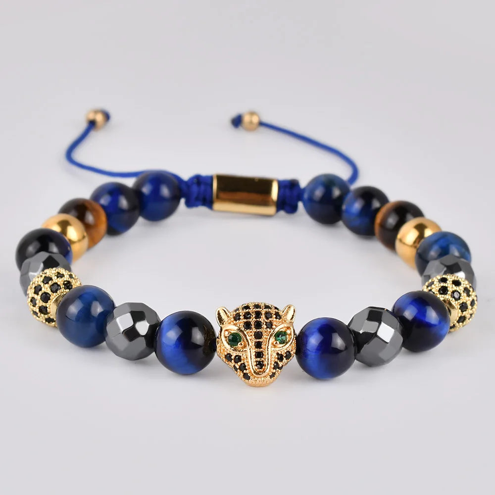 F315 Wholesale CZ Mirco Pave Crown Charm Blue Tiger Eye Stone Beads Handmade Men Women Couples Macrame Bracelet